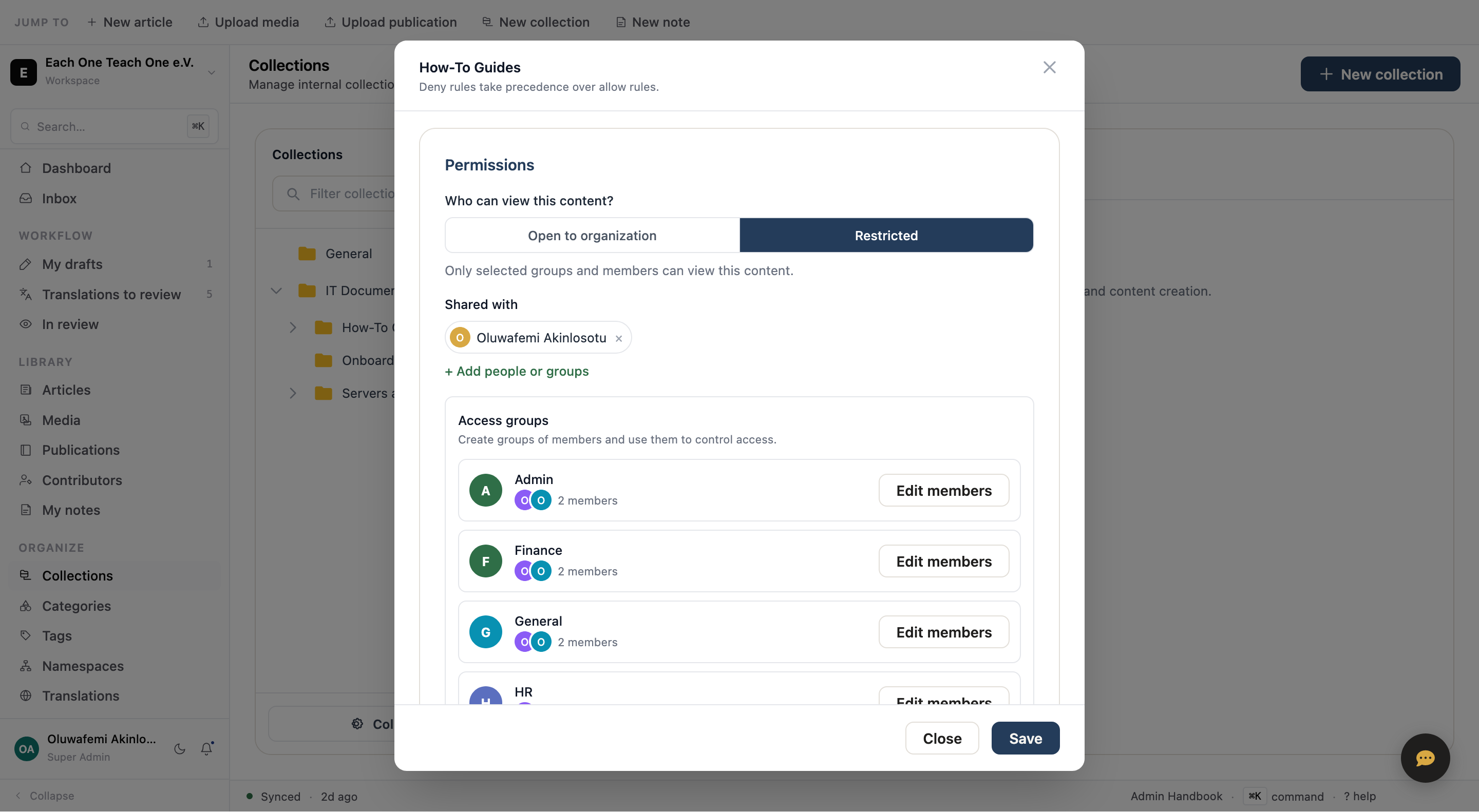 Permissions dialog — content restricted to selected groups and members, with access groups for Admin, Finance, General, and HR.