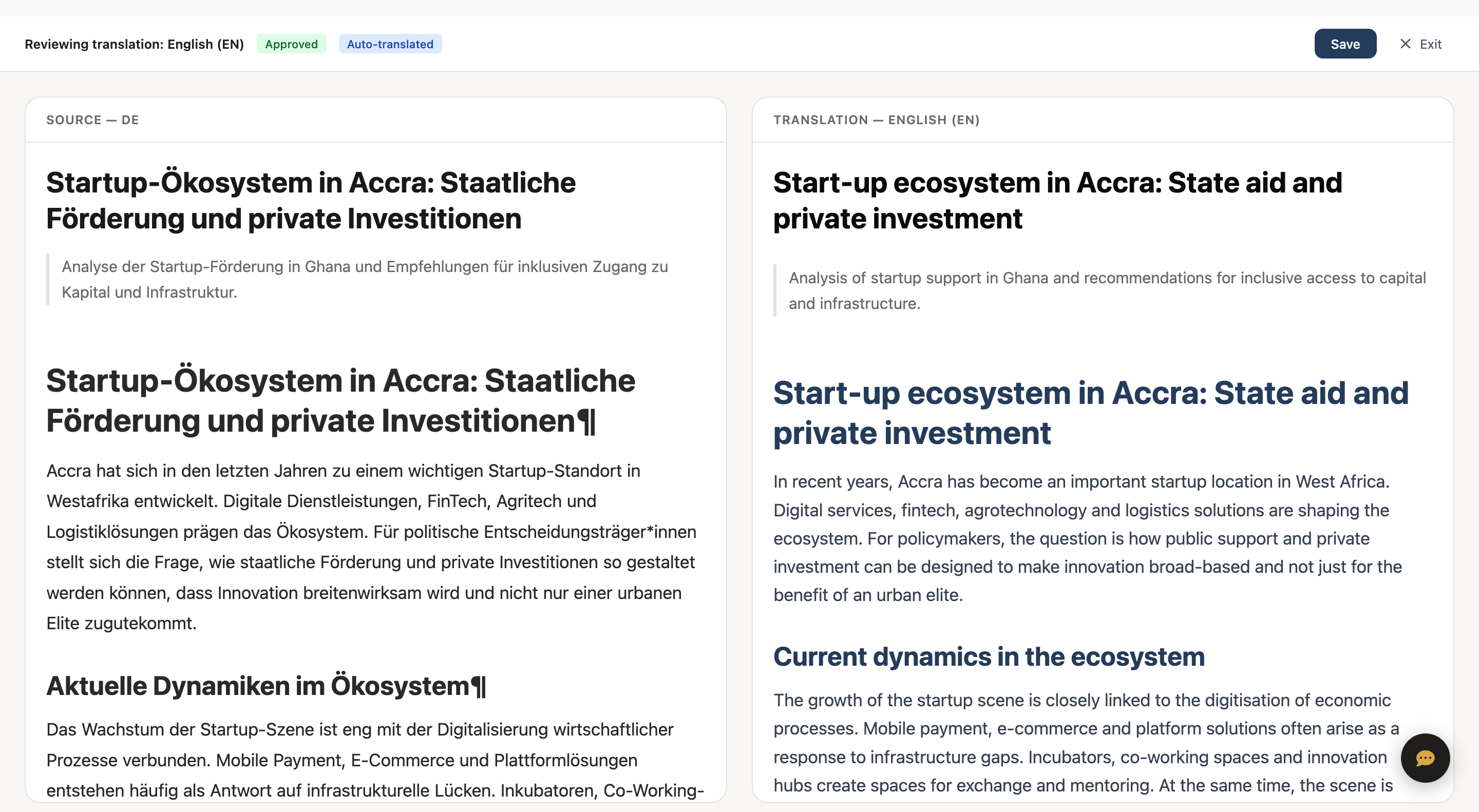 Translation review interface — German source on the left, English translation on the right, with Approved and Auto-translated badges.